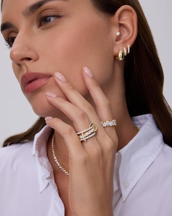 PAVOI 14K Gold Plated Interlocking Ring for Women - Chunky Connected Bands Interlock Stackable Rings for Women - Trendy Cubic Zirconia Two Tone Interlocked Multi-Band Statement Jewelry