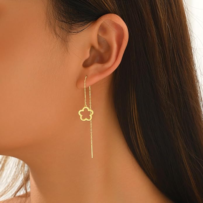 Flower Threader Drop Earrings for Women, 925 Sterling Silver Dainty Hollow Floral Dangle Earrings to Daughter Mother 14k Gold Plated Flowers Long Tassel Chain Earring Birthday Wedding Jewelry Gift