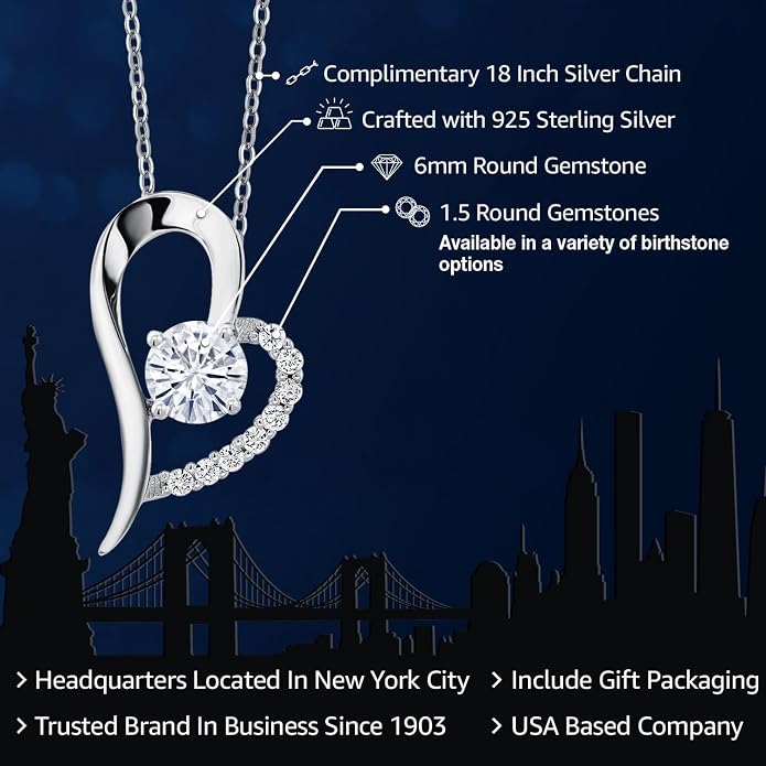Gem Stone King Heart Shape Pendant Necklace For Women | 925 Sterling Silver | 6MM Round Gemstone Birthstone | Heart Necklace For Women | With 18 Inch Silver Chain