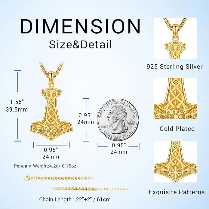 Viking Thor's Hammer Necklace for Men Women, S925 Sterling Silver Vintage Norse Talisman Mjolnir Necklace Amulet Pendant Jewelry Gifts with Sturdy Box Chain