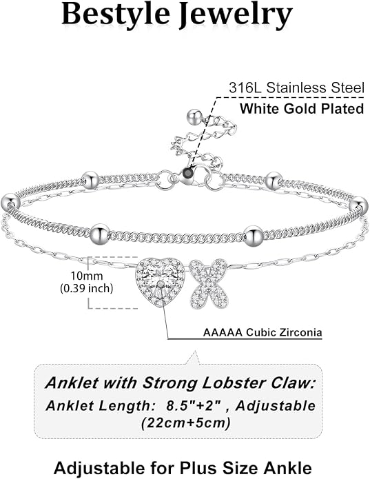 Bestyle Initial Anklet Bracelets for Women Waterproof Non Tarnish 14K Gold/White Gold Plated CZ Anklets for Women Dainty Layered Letter Heart Ankle Bracelets Adjustable Foot Chain Anklet