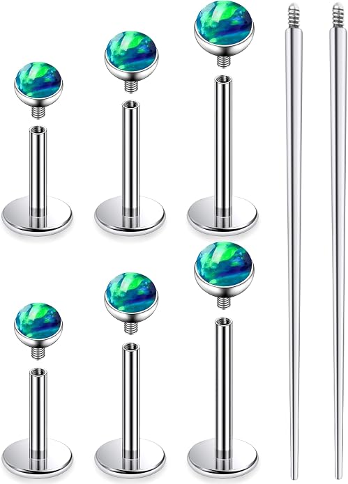 Ruifan Titanium Flat Back Lip Rings Externally Threaded Earrings Studs Nose Rings 20G 18G 16G Jeweled Round Opal Tragus Cartilage Lobe Rook Helix Conch Labret Medusa Piercing Jewelry for Women Men