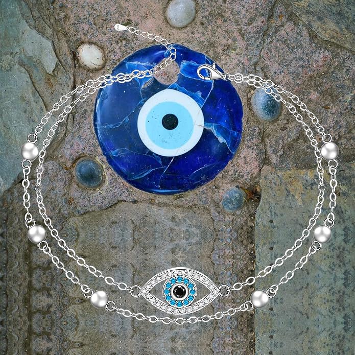 Fenthring Evil Eye Anklet Sterling Silver Protection Turkish Blue Eyes Ankle Bracelets Anklets for Women Chain Jewelry