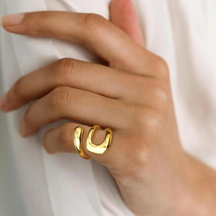 Gelbesty Waterproof Gold Statement Rings for Women, 14K Gold Plated Chunky Open Stackable Rings Non Tarnish Fashion Adjustable Stainless Steel Pinky Knuckle Signet Vintage Ring Jewelry Size 5-11