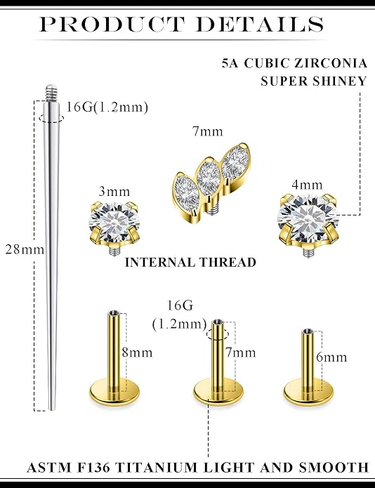 20G 18G 16G Astm F136 Titanium Internal Thread Flat Back Earrings Nose Studs Tragus Forward Helix Conch Cartilage Lobe Earring Stud Medusa Labret Monroe Lip Ring Piercing Jewelry For Women Men