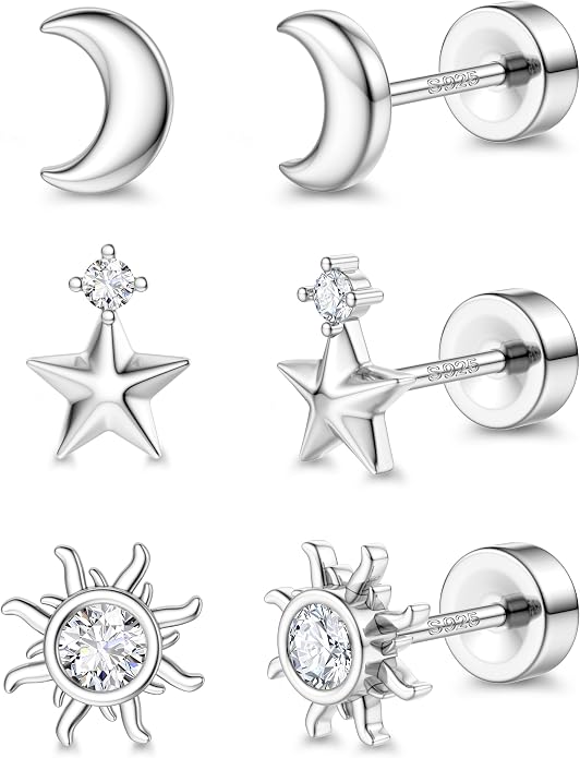 ORAZIO 925 Sterling Silver Flat Back Stud Earrings for Women Hypoallergenic 14K Gold Plated Cartilage Earrings for Sensitive Ears Small CZ Opal Conch Helix Tragus Piercing Jewelry 3 Pairs 20G