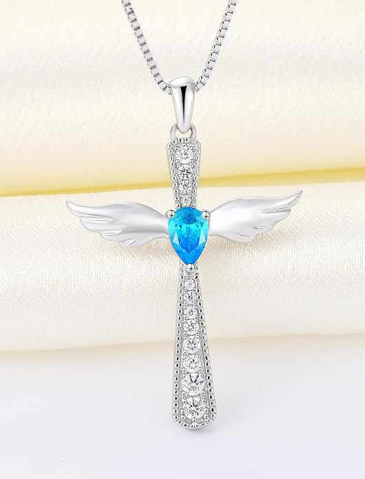 YL Cross Necklace 925 Sterling Silver Angel Wings Pendant Teardrop Birthstone Criss Jewelry for Women