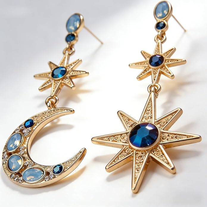 Celestial Moon & Star Asymmetric Drop Earrings for Women, Gold-Tone Mismatched Crescent Star Dangle Earrings with Crystal Accents, Hypoallergenic Alloy Jewelry for Daily & Party Wear