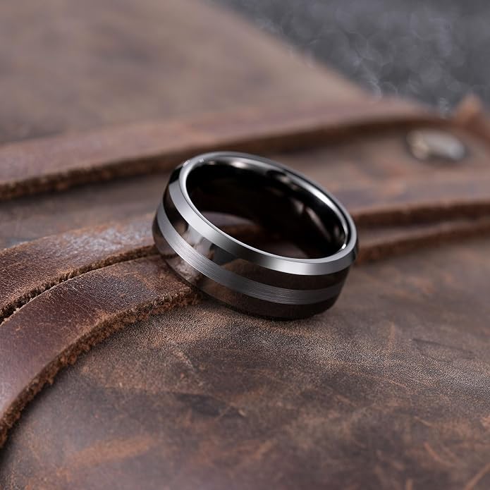 King Will Classic Tungsten Carbide Ring Brushed Two Grooved Center Hammered Design Mens Wedding Band for Men