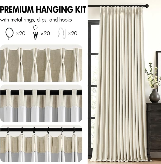 MIULEE Cream Pinch Pleated 100% Blackout Linen Curtains for Bedroom, Room Darkening Memory Trained Light Blocking Window Curtains 84 inches Long for Living Room, Black Out Pleat Drapes, 2 Panels