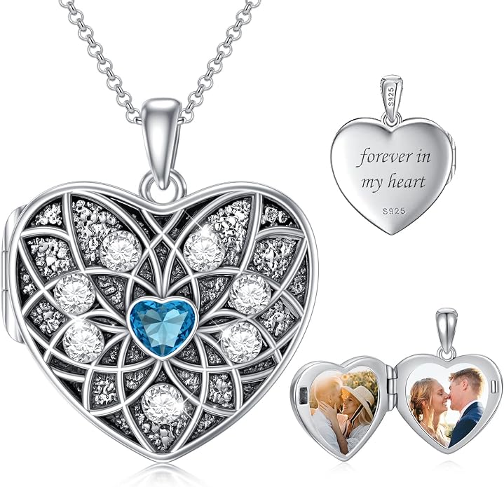 Round/Heart/Oval Shape Locket Necklace That Holds Pictures 925 Sterling Silver Personalized Birthstone Photos Engraved Locket Pendant Birthday Memorial Jewelry Gift for Women