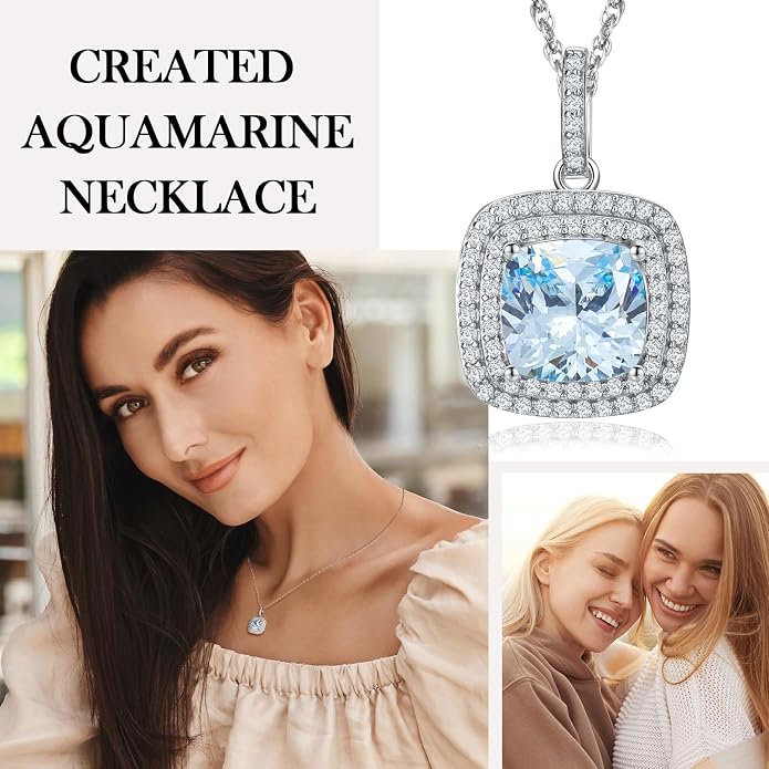 Birthstone Necklace for Women 925 Sterling Silver Cushion/Pear Cut Created Gemstone Halo Pendant Necklace Birthstone Jewelry