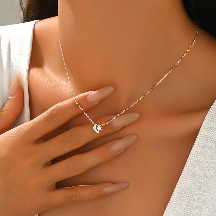 925 Sterling Silver Crescent Necklace for Women, Dainty Moon Star Choker Chain Necklace to Daughter Mother, 14k Gold Plated Moon and Star Charm Pendant Necklaces Jewelry Gift for Birthday Mother's Day