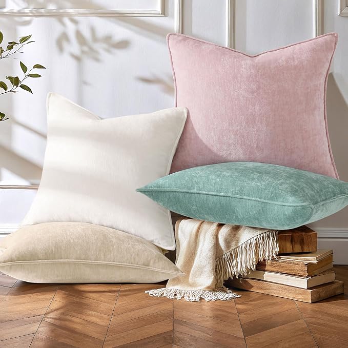 decorUhome Set of 4 Chenille Throw Pillow Covers 18x18 (Beige/Pink) | Couch Decorative Soft Neutral Pillow Covers with Elegant Design for Living Room Bed Sofa