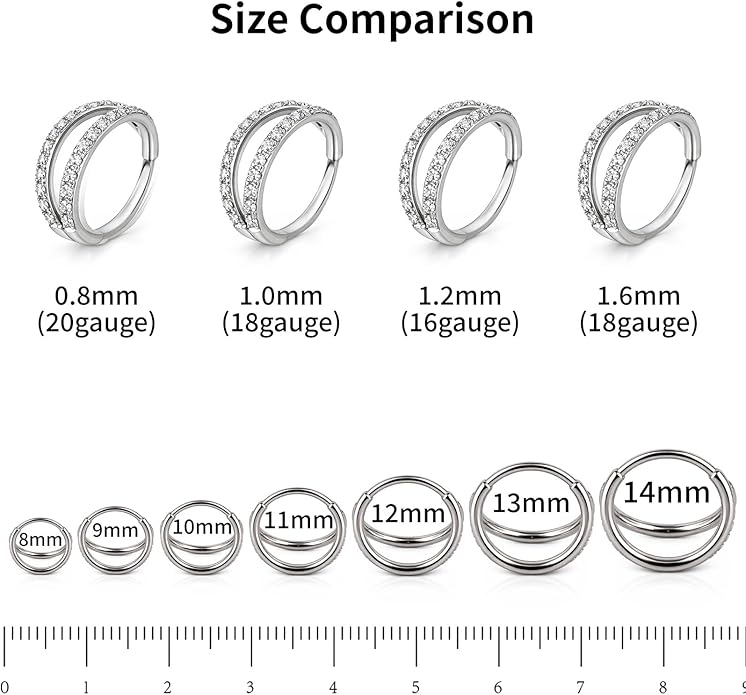 20/16G CZ Hinged Nose Rings Hoop, 316L Surgical Stainless Steel Cartilage Earring, Septum Clicker Ring, Daith Helix Rook Tragus Conch Lip Lobe Piercing Jewelry
