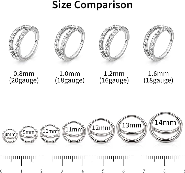 20/16G CZ Hinged Nose Rings Hoop, 316L Surgical Stainless Steel Cartilage Earring, Septum Clicker Ring, Daith Helix Rook Tragus Conch Lip Lobe Piercing Jewelry