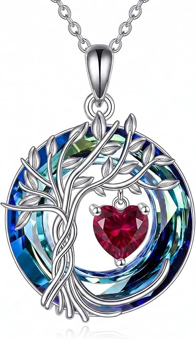 CRMAD Tree of Life Necklace Birthstone Pendant Necklaces with Crystal Anniversary Birthday Wedding Jewelry for Mom Her Wife Sister