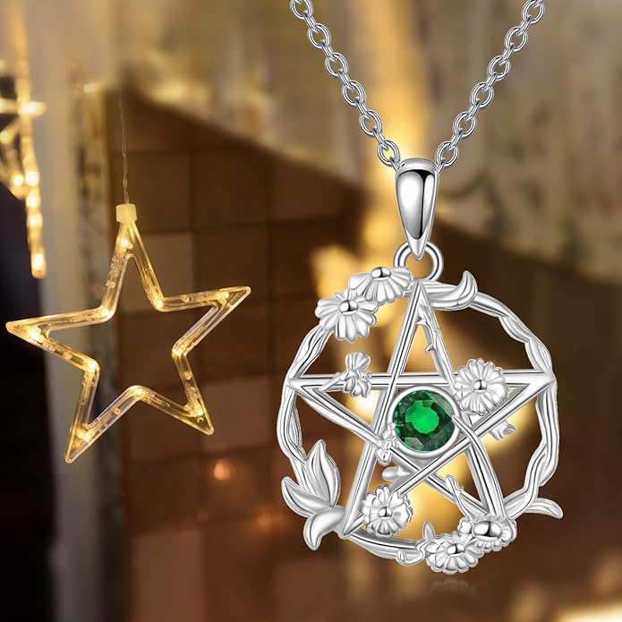 Birthstone Pentagram Necklace for Women 925 Sterling Silver Pentacle Daisy Pendant Pentacle Jewelry Birthday Gifts