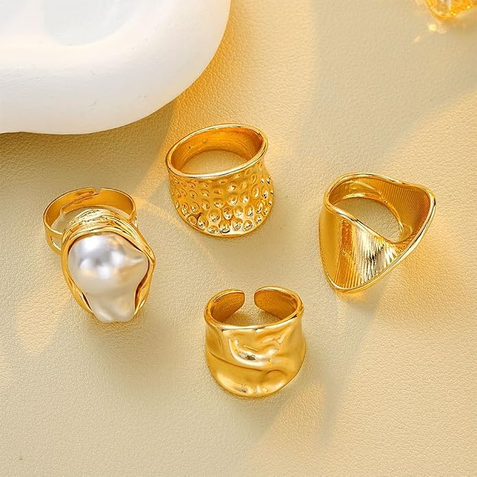 Chunky Gold Irregular Rings Stack Set for Women Statement Baroque Pearl Flower Stackable Knuckle Finger Ring Non Tarnish Boho Hammered Jewelry Gifts