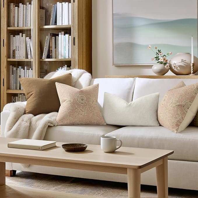 Vintage Floral Print Throw Pillow Covers 18x18 Set of 2 Neutral Modern Farmhouse Pillowcases Accent Decorative Cushion Covers Boho Home Decor for Couch Sofa Chair Bed Living Room, Champagne Pink