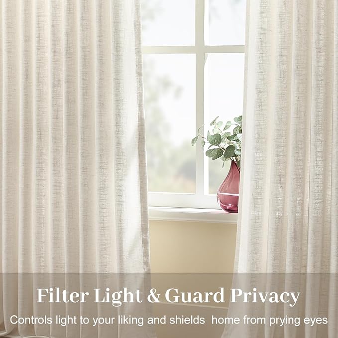Extra Long Pinch Pleated Curtains 102 Inch Long for Living Room, Linen Blend Pinch Pleat Drapes with Hooks Rings Memory Trained Light Filtering Semi Sheer Curtain for Bedroom, 40W, Natural, 2 Panels