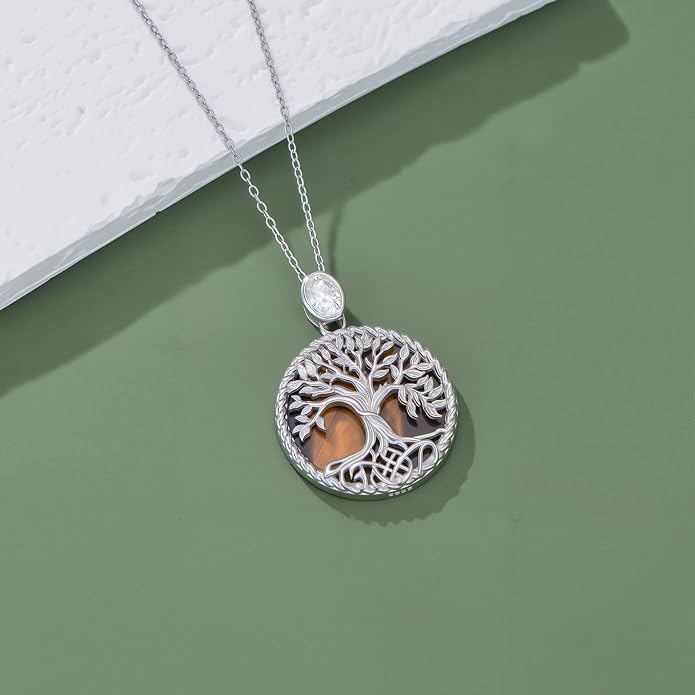 Tree of Life Moissanite Necklace, 925 Sterling Silver 0.5 Carat Moissanite Abalone Shell/Opal/Black Onyx/Turquoise/Malachite/Tiger Eye Stone Tree of Life Pendant Necklaces Jewelry Gift for Women Mom