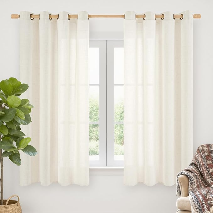 YoungsTex Ivory Linen Curtains 63 Inch Length for Living Room Window | Light Filtering Drapes Cream Semi Sheer with Bronze Grommet for Bedroom Decorative, 52 x 63 Inch, 2 Panels