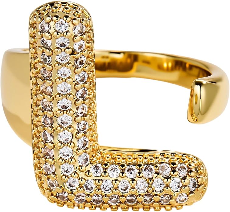 Cicy Bell Initial Rings for Women 14k Gold Plated Cubic Zirconia Delicate Letter Chunky Statement Open Rings Gifts for Her