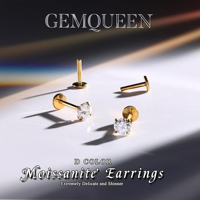 GEMQUEEN Moissanite Earrings G23 Titanium Extended Internal Thread Flat Back Earrings Hypoallergenic Tragus Cartilage Helix Conch Piercing Jewelry for Women Men 18G 6/8mm Post Gray/D Color 0.2-3CT