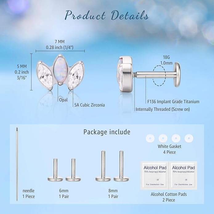 Limerencia 2Pcs 18g Titanium Internally Threaded Tragus Piercing Jewelry Nose Studs Flat Back Earrings Labret, Lip, Helix, Cartilage, Conch, Medusa Piercing for Women Men Sensitive Ears