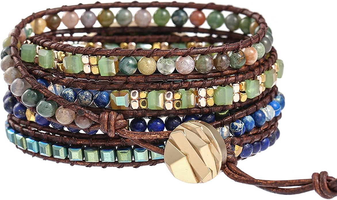 Plumiss Women Boho Handmade Natural Stone Crystal Leather Bead Wrap Bracelets Collection