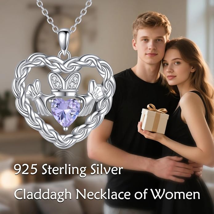 Birthstone Claddagh Heart Necklace 925 Sterling Silver Heart Celtic Knot Claddagh Necklace Pendant Irish Jewelry Gifts for Women Mom Wife Sister Christmas Birthday,18+2 inch