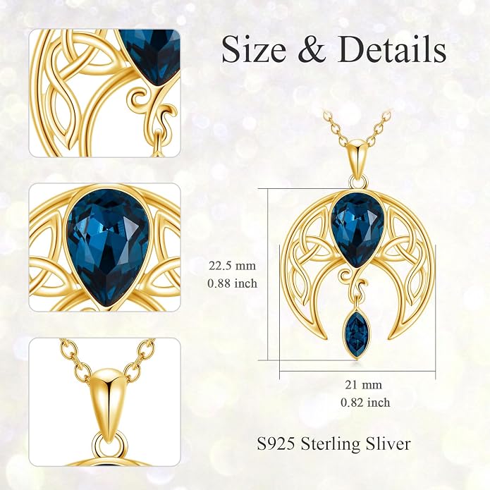 AOBOCO Sterling Silver Celtic Crescent Moon Goddess Pendant Irish Good Luck Necklace with Birthstone Crystal, Celtic Moon Jewelry Gift for Women Mom Wife