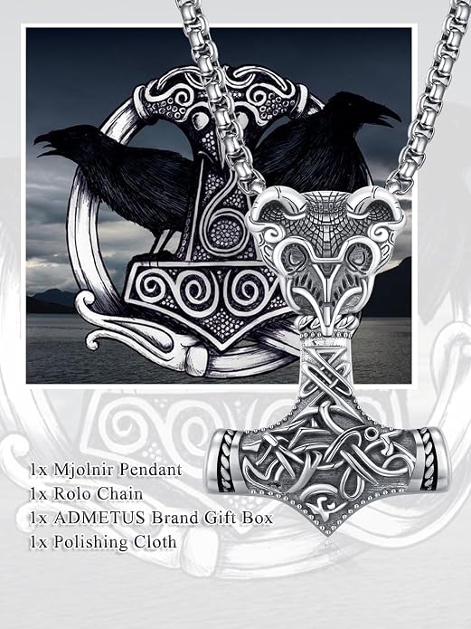 ADMETUS 925 Sterling Silver Thor Hammer Necklace Viking Mjolnir Pendant Jewelry Gifts for Men with 2.5mm 22"+2" Rolo Chain