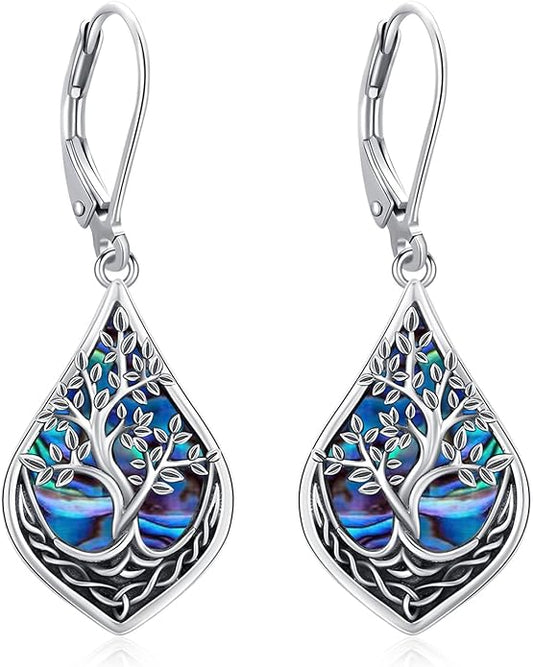 Eusense Sterling Silver Dangle Earrings for Women Tree of Life Animals Moonstone Turquoise Leverback Earrings Jewelry Gifts