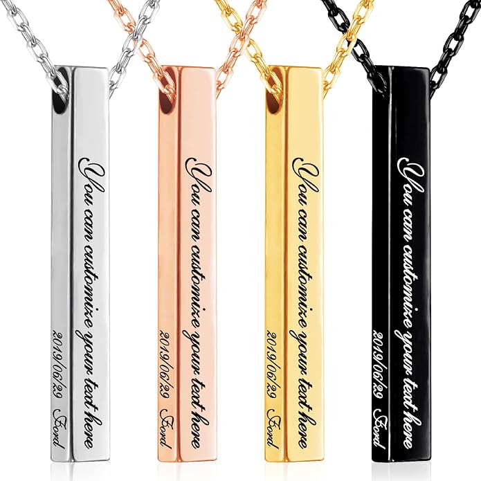 BellBlow- Personalized Bar Necklace Engraved with Name for Men Woman, Custom 3D Vertical Bar Pendant Name Chain Necklaces, 4sides Customizable Name Plate Necklace Jewelry Gift Boyfriend Girlfriend