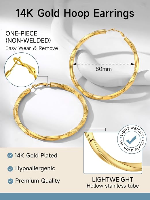 Stainless Steel Chunky Hoop Earrings For Women, Minimalist and Chic, Black/Gold Plated, Round Hoops Earrings Hypoallergenic, Size: 30mm/40mm/60mm/80mm, Come with Box