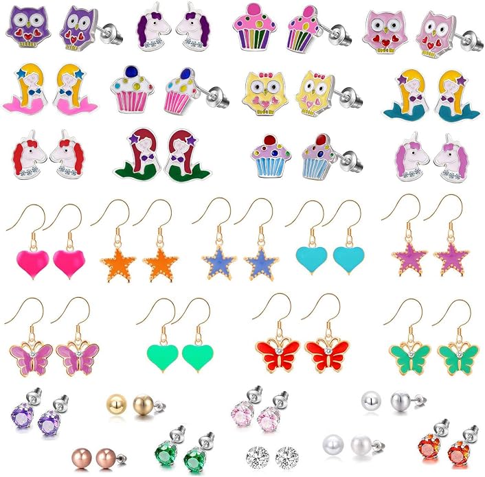 33 Pairs Stainless Steel Cartoon Earrings for Girls - Hypoallergenic Colorful Stud Earing Set, Mix & Match Cute Earring for Teens, Kids, Doll Dressup Accessories