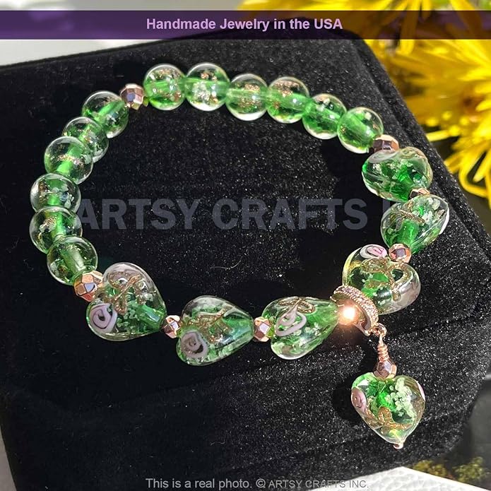 ARTSY Crafts Glow in the Dark Heart Shaped Glass Bead Bracelets & Necklaces, Handmade in USA