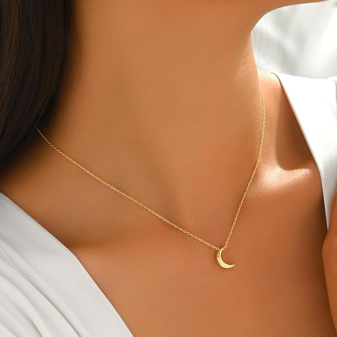 Crescent Moon Necklace for Women, 925 Sterling Silver Crescent Choker Necklace 14K Gold Plated Dainty Half Moon Pendant Necklace for Mother Daughter Mother Wedding Graduation Jewelry Gift