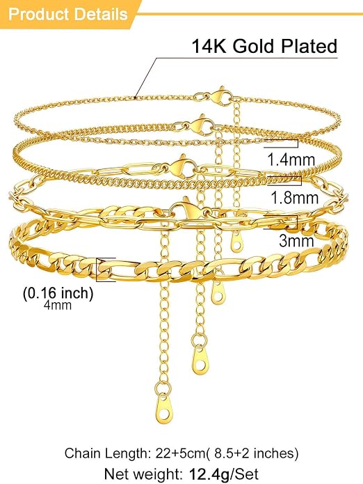 U7 2Pcs/3Pcs Ankle Bracelets for Women, Stainless Steel Cuban Link/Figaro/Rope/Heart Chain Anklets Sets,Waterproof Layered Anklets Adjustable 8.5"-10.5"