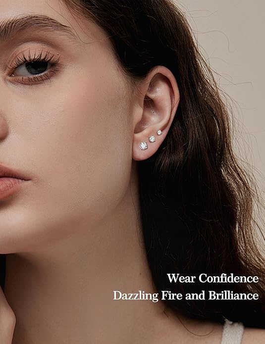 3 Pairs Moissanite Flatback Stud Earrings for Women, 925 Sterling Silver Hypoallergenic Flat Back Cartilage Earrings Set, 18K White Gold Plated