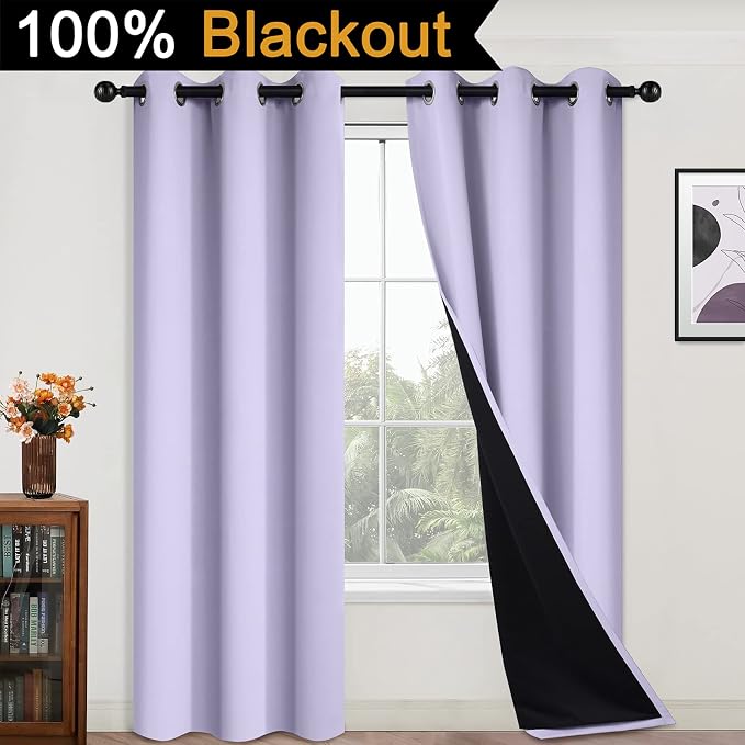 Yakamok 84 Inch Length 100% Blackout Curtains for Bedroom, 2 Thick Layers Thermal Insulated Grommet Total Blackout Drapes with Black Liner for Living Room (42Wx84L,Lilac, 2 Panels) | Blackout Curtain Panels for Bedroom, 2 Thick Layers Grommet Top Therm...