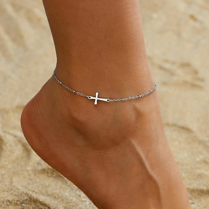 Dainty Ankle Bracelets for Women 18K Gold Plated Satellite Beaded Herringbone Lip Chain Anklets Simple Minimalist Summer Beach Foot Jewelry Christmas Gifts