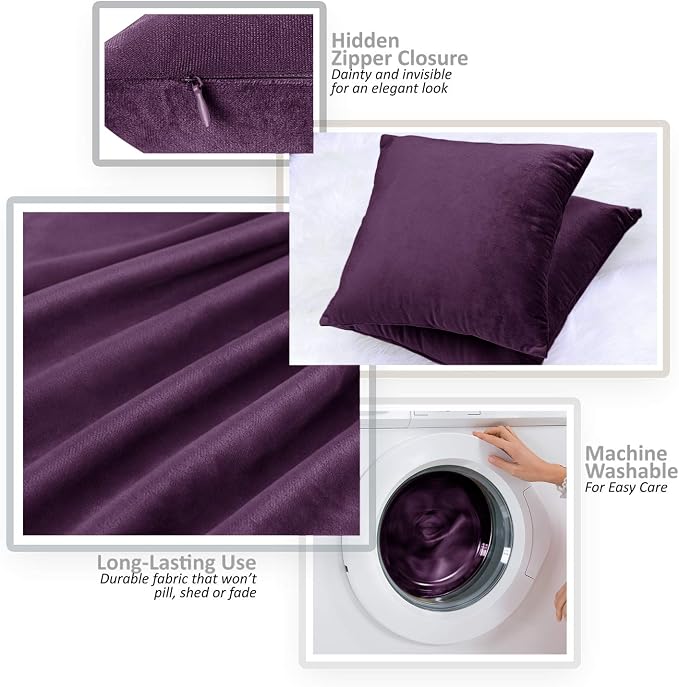 Nestl Throw Pillow Covers, Cozy Velvet Decorative Outdoor Pillow Covers 16x16 Inches, Soft Solid Cushion Covers for Sofa, Bed and Car, Set of 4 - Eggplant Purple
