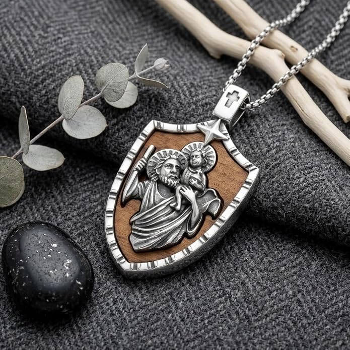 ONEFINITY Wooden Necklace Viking Wolf/St Benedict Medals/St Michael/Crucifix/St Christopher Pendant Necklace for Men Archangel Amulet Wooden Religious Jewelry Gifts for Men Women