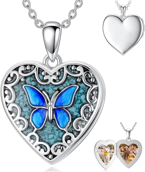 Dorunmo Personalized Locket Necklace 925 Sterling Silver that Holds Pictures Butterfly Birthstone Photo Heart Locket Custom Jewelry Congratulations New Beginnings New Job Gifts for Women