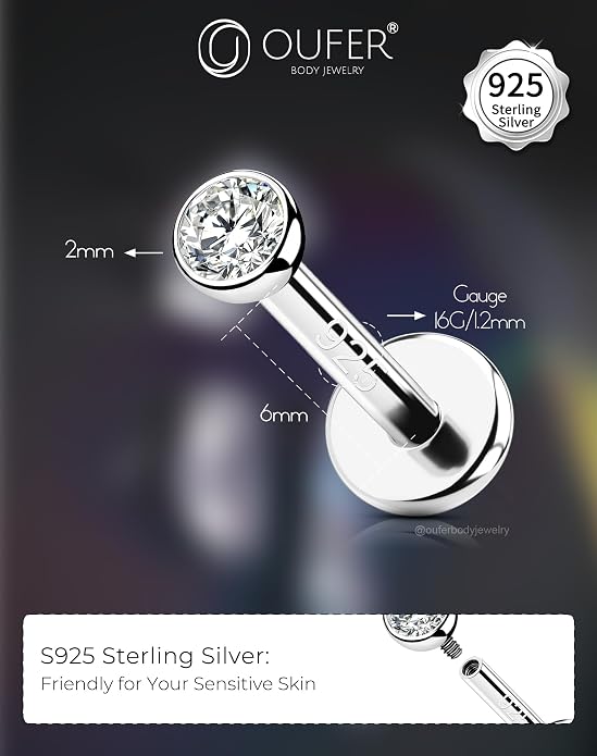 OUFER 925 Sterling Silver Helix Earrings Studs, 16G Flat Back Earrings, Silver Internally Threaded Cartilage Earrings Stud, Clear CZ Lip Rings, Ear Piercing Jewelry for Women Men