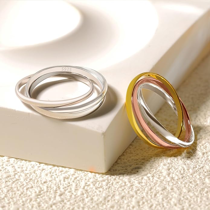 14K Gold Plated Interlocking Fidget Anxiety Ring 925 Sterling Silver Stackble Rings for Women Men Rolling Triple Spinner Ring Minimalist Trendy Knuckle Rings Jewelry Birthday Graduation Gifts