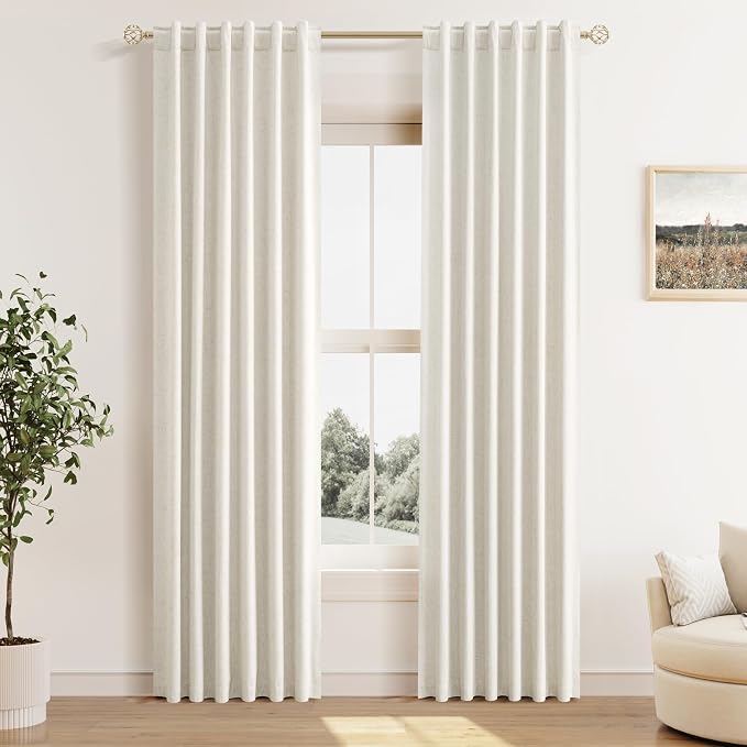 Guken 100% Blackout Linen Curtains for Bedroom 82 Inches Long Natural Cream Black Out Curtain Back Tab Thermal Insulated Room Darkening Window Drapes for Living Room 2 Panels Beige Ivory 52x82